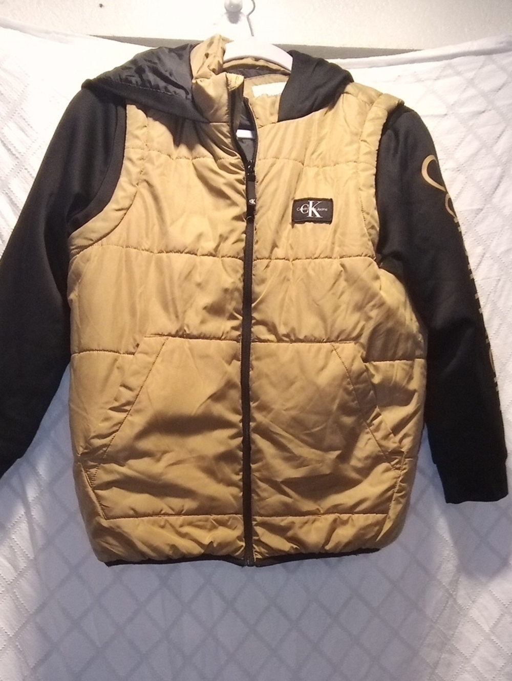 Calvin Klein Kids Two-Tone Hooded Puffer Jacket in Tan and Black